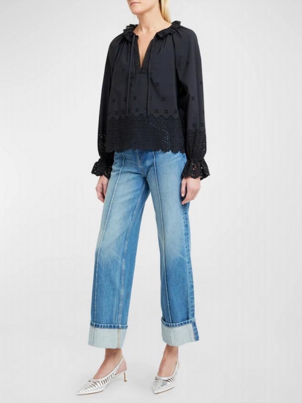 ULLA JOHNSON Alora Black Eyelet Poplin Cotton Blouse Top